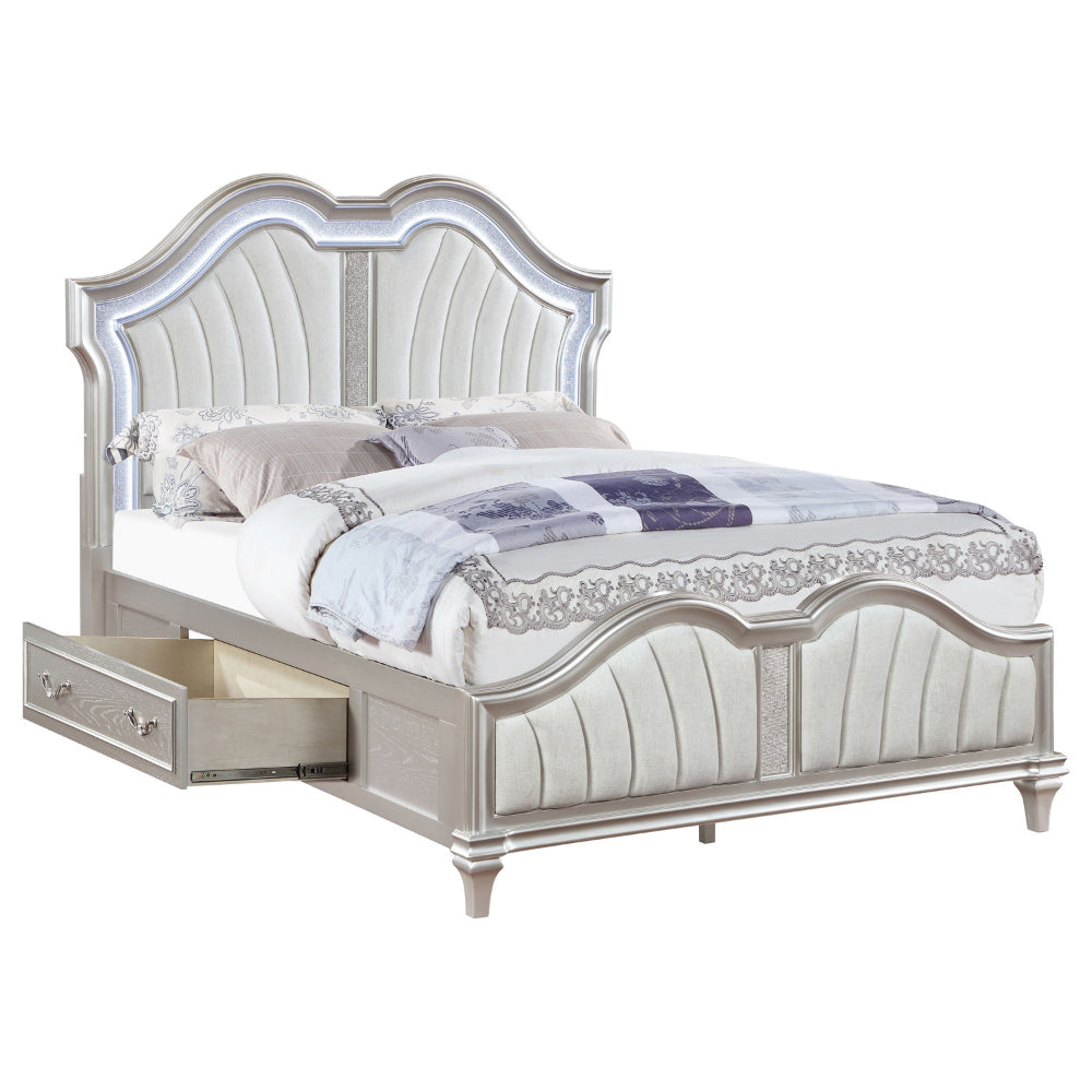 Nive Queen Bed LED Arch Ivory Upholstery Storage Drawers Silver By Casagear Home BM318845