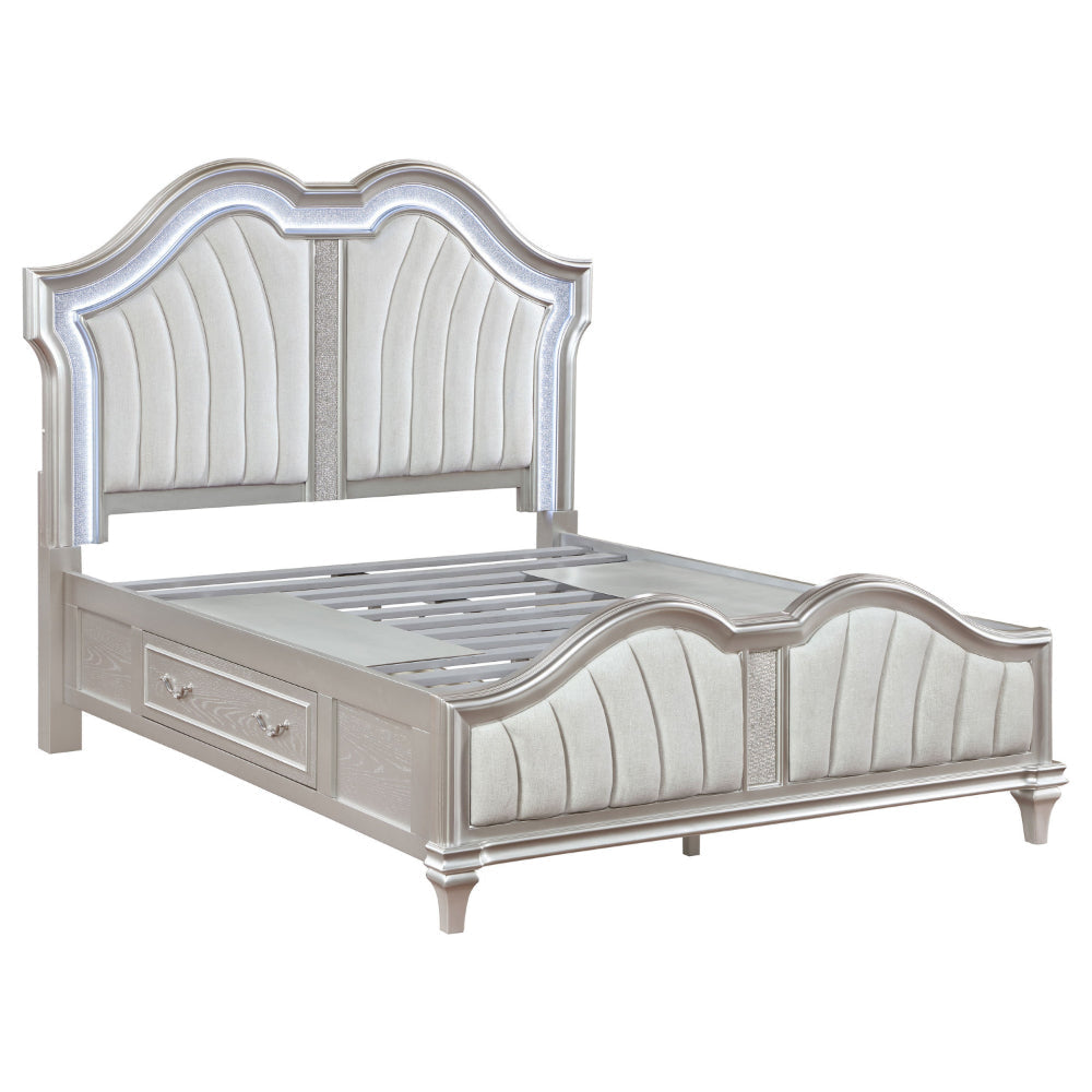 Nive Queen Bed, LED Arch, Ivory Upholstery, Storage Drawers, Silver By Casagear Home