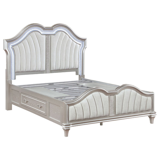 Nive Queen Bed, LED Arch, Ivory Upholstery, Storage Drawers, Silver By Casagear Home