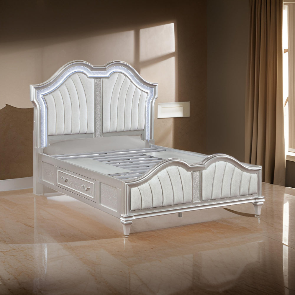 Nive King Bed LED Arch Ivory Upholstery Storage Drawers Silver By Casagear Home BM318846