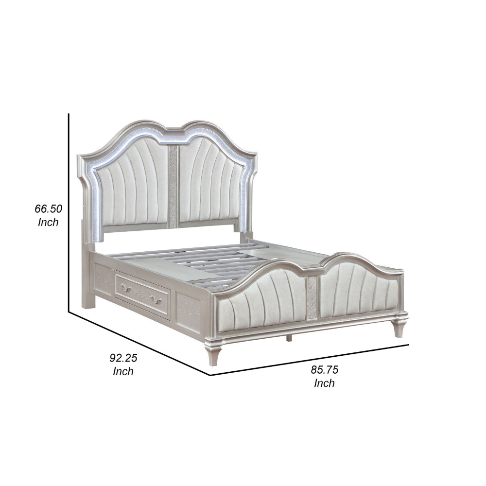 Nive California King Bed LED Arch Ivory Upholstery Storage Silver By Casagear Home BM318847