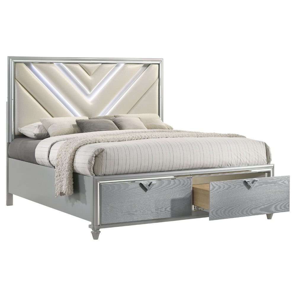 Haley Queen Size Bed V Tufted Upholstery 2 Storage Drawers LED Silver By Casagear Home BM318848