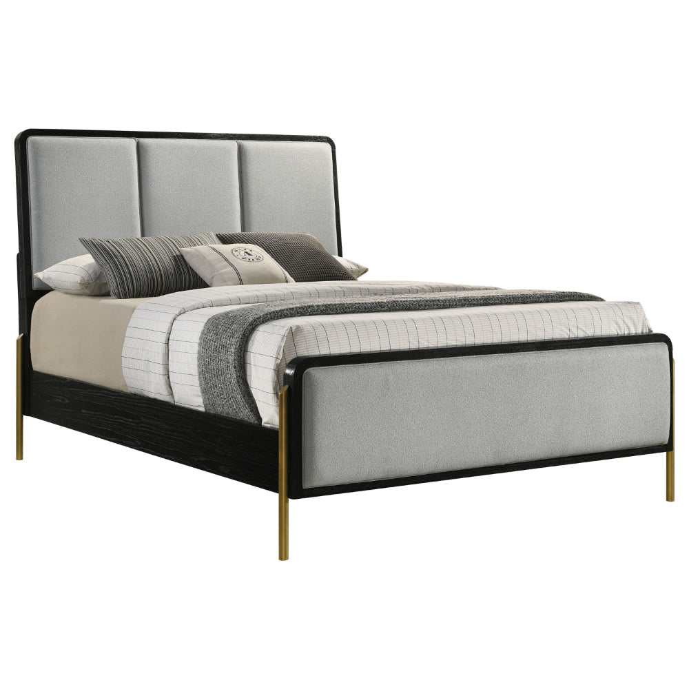 Fij Queen Size Bed 3 Block Panel Headboard Slim Legs Gray Upholstery By Casagear Home BM318850