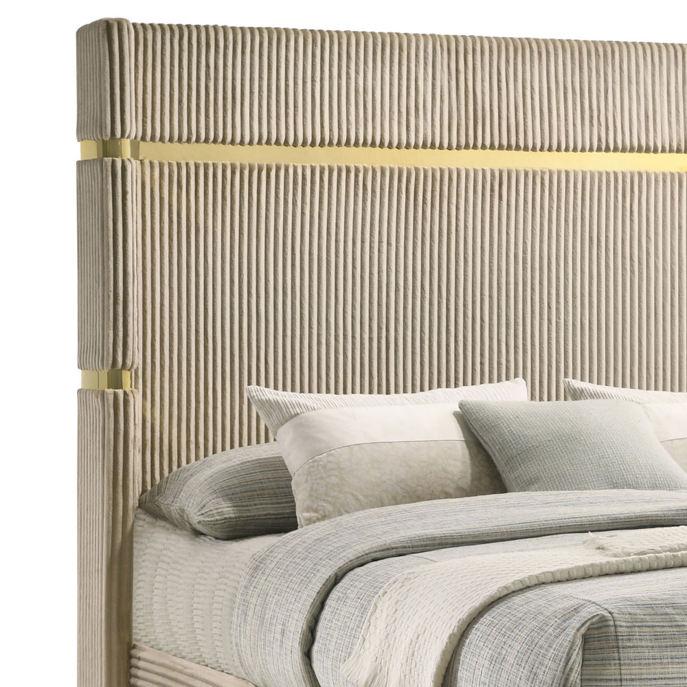 Jenny Queen Size Bed Fluted Wingback Headboard Beige Upholstery Gold Trim By Casagear Home BM318852