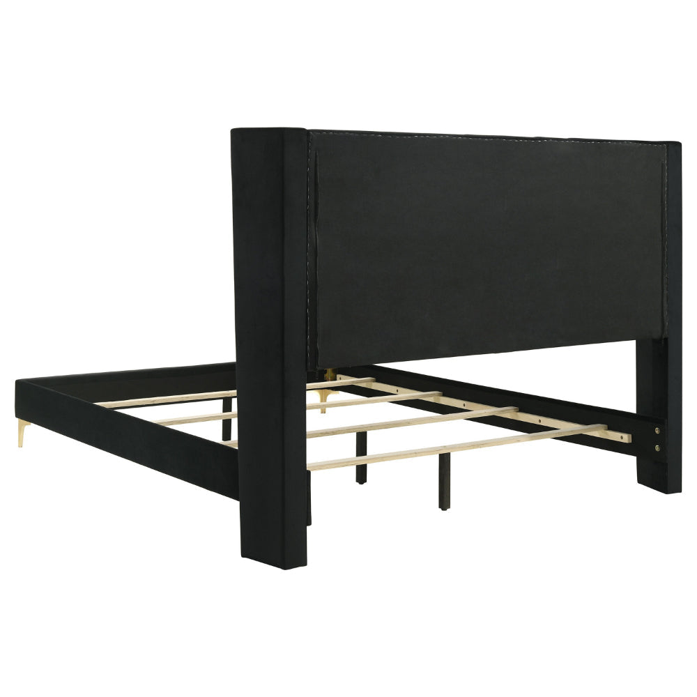 Dle Queen Size Bed Wingback Headboard Gold Bracket Feet Black Upholstery By Casagear Home BM318854