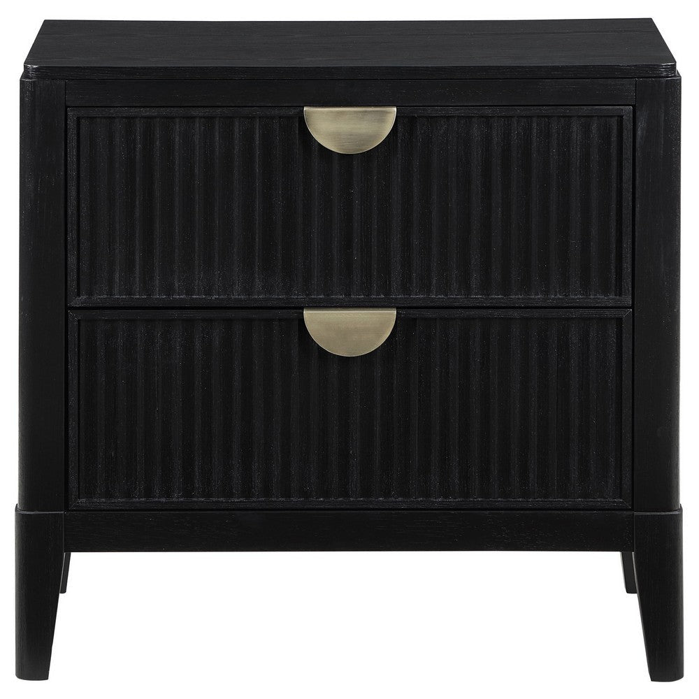 Jack Nightstand 2 Drawers Gold Metal Handles Wire Brushed Black Wood By Casagear Home BM318861