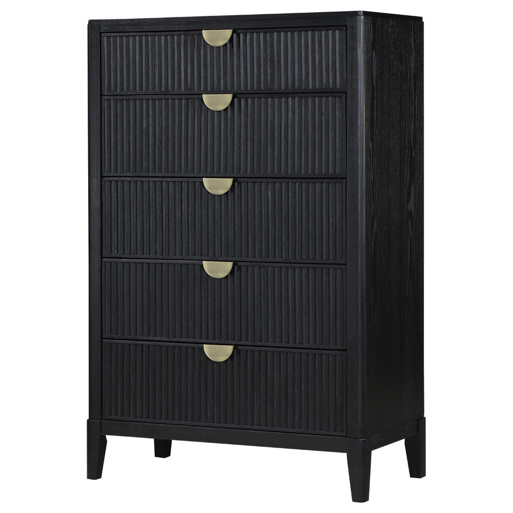 Jack Tall Dresser Chest 5 Drawers Gold Tone Metal Handles Black Wood By Casagear Home BM318863