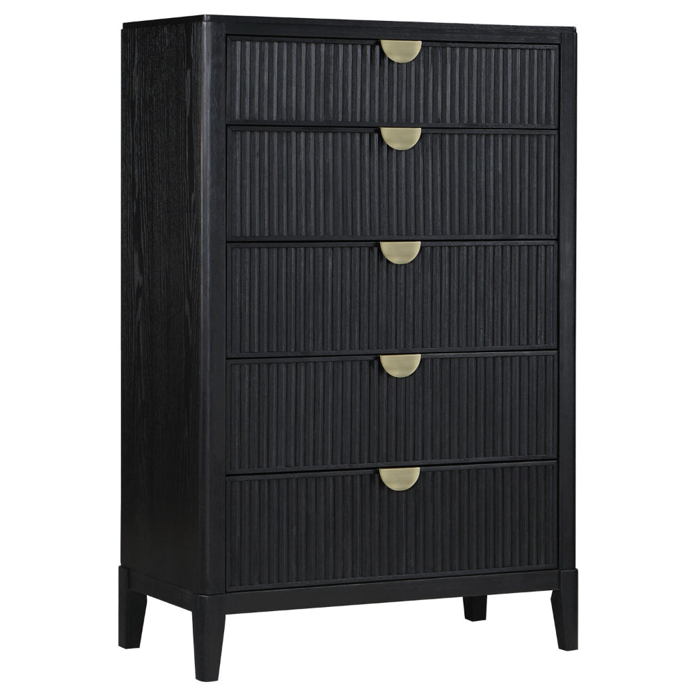 Jack Tall Dresser Chest, 5 Drawers, Gold Tone Metal Handles, Black Wood By Casagear Home