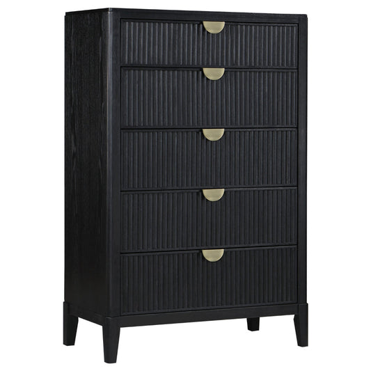 Jack Tall Dresser Chest, 5 Drawers, Gold Tone Metal Handles, Black Wood By Casagear Home