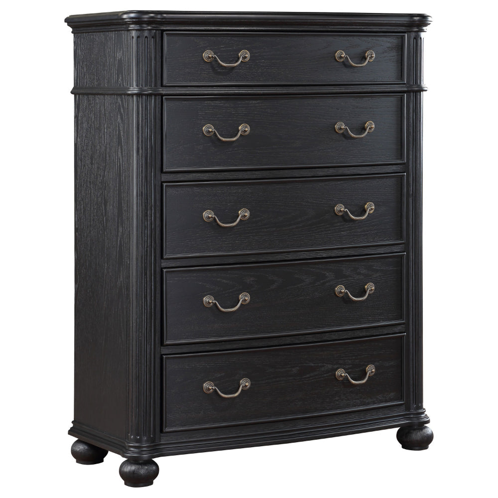 Selena Tall Dresser Chest, 5 Drawers, Copper Metal Handles, Black Wood By Casagear Home