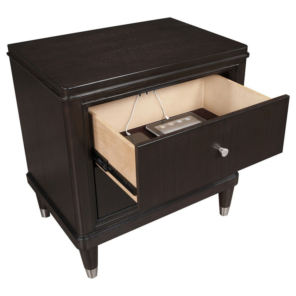 Amber Nightstand 2 Drawers Round Metal Knobs Tapered Legs Brown Wood By Casagear Home BM318870