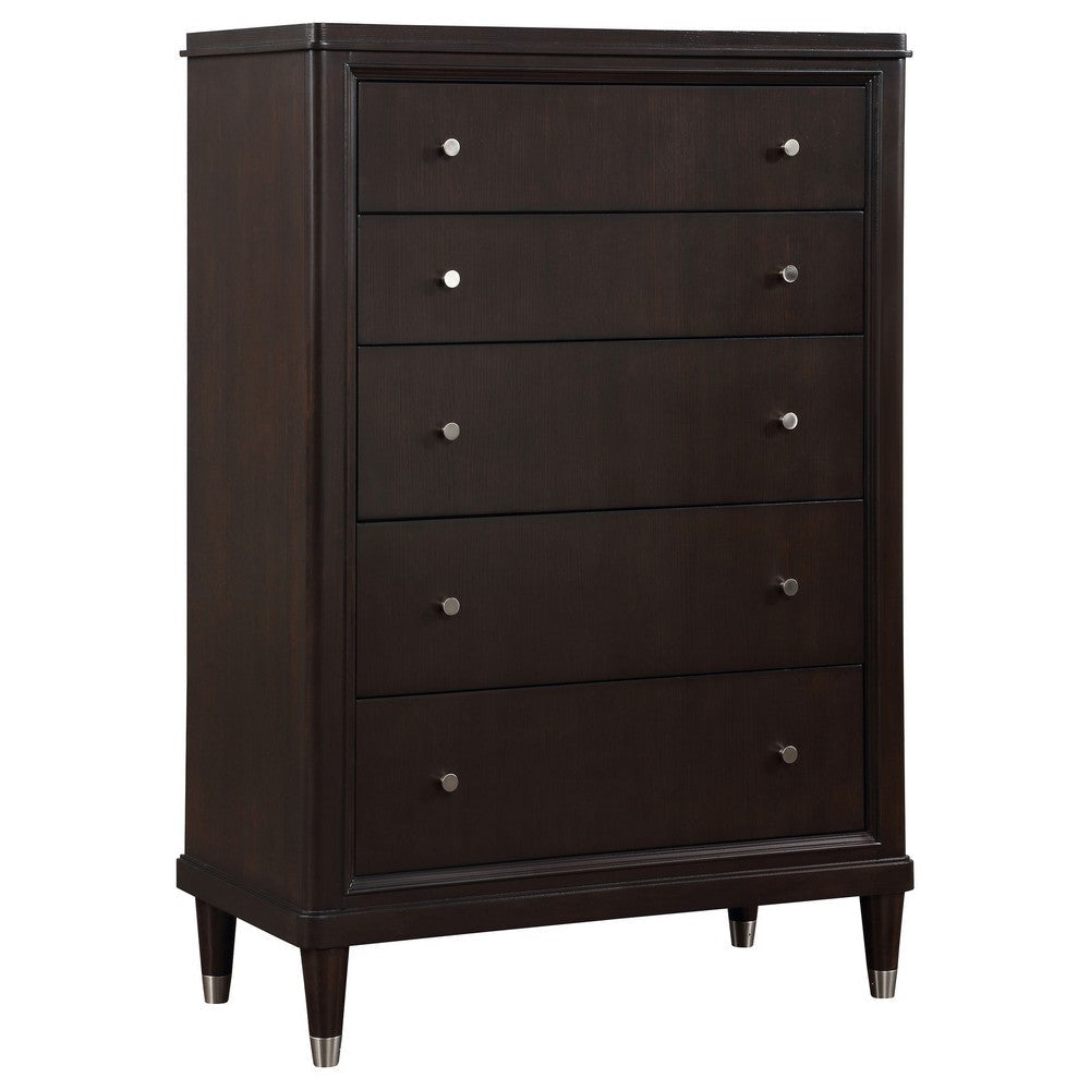 Amber Tall Dresser Chest, 5 Drawers, Metal Knobs, Tapered Legs, Brown Wood By Casagear Home