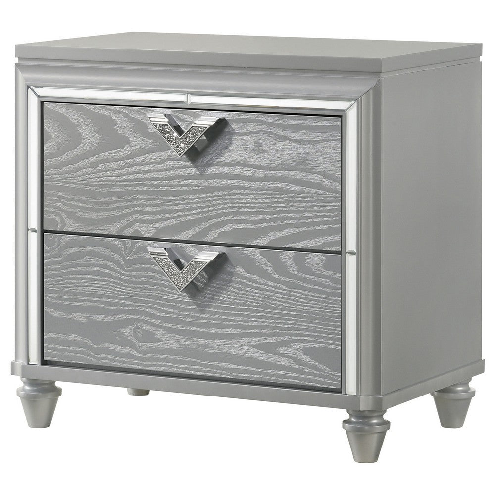 Haley Nightstand 2 Drawers V Shape Glittering Handles Light Silver Wood By Casagear Home BM318873