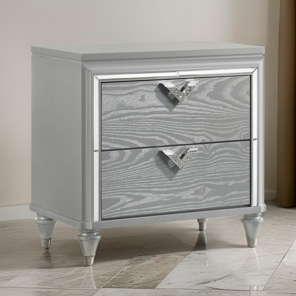 Haley Nightstand 2 Drawers V Shape Glittering Handles Light Silver Wood By Casagear Home BM318873