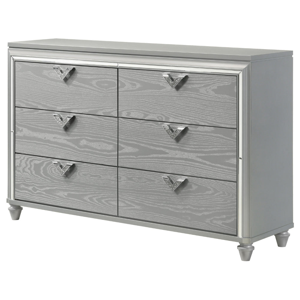 Haley Dresser 6 Drawers V Shape Glittering Handles Light Silver Wood By Casagear Home BM318874