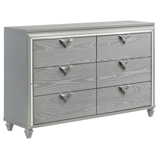 Haley Dresser, 6 Drawers, V Shape Glittering Handles, Light Silver Wood By Casagear Home