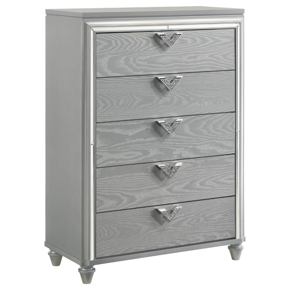 Haley Tall Dresser Chest, V Shaped Glittering Metal Handles, Light Silver By Casagear Home