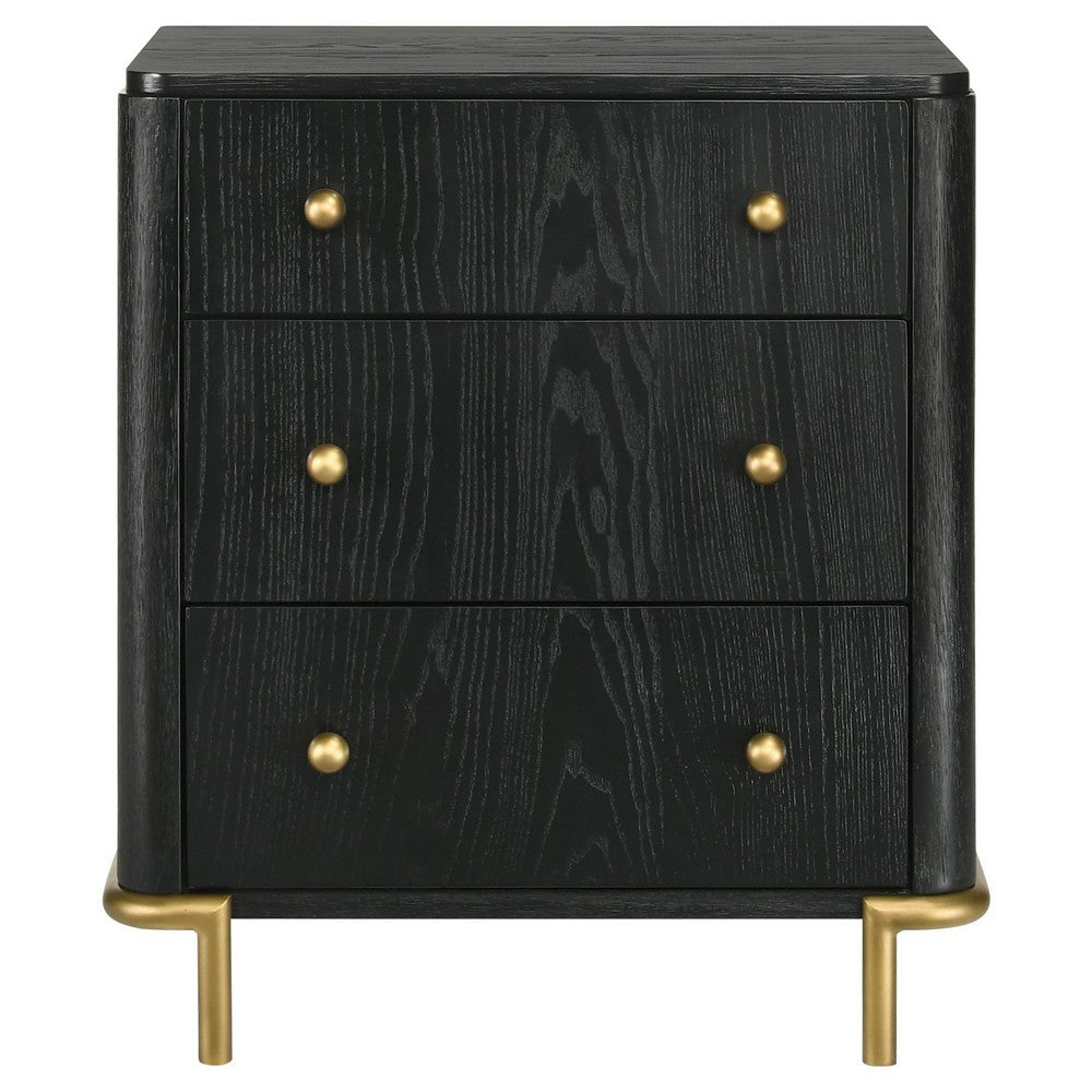 Fij Nightstand 3 Drawers USB Port Golden Metal Legs Knobs Black Wood By Casagear Home BM318876