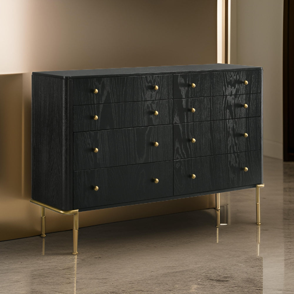 Fij Dresser 8 Drawers Golden Metal Stand Base Legs Knobs Black Wood By Casagear Home BM318877