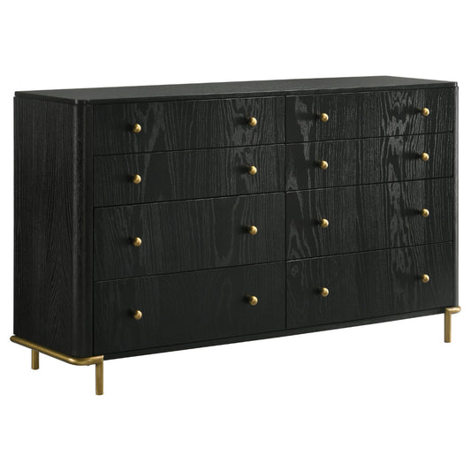 Fij Dresser, 8 Drawers, Golden Metal Stand Base Legs, Knobs, Black Wood By Casagear Home