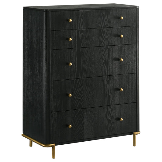 Fij Tall Dresser Chest, 5 Drawers, Golden Metal Stand Base, Knobs, Black By Casagear Home