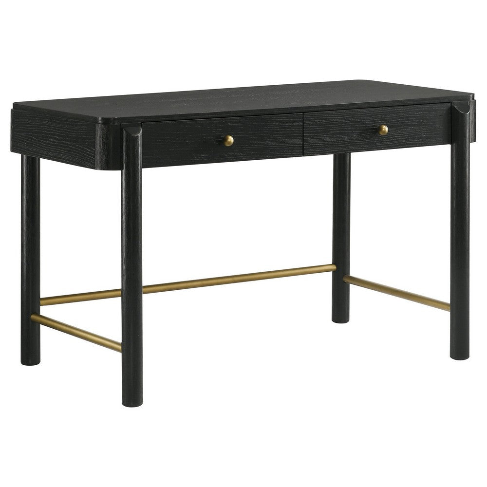 Fij Vanity Desk, 48 Inch Rectangular, 2 Drawers, Metal Knobs, Black, Gold By Casagear Home