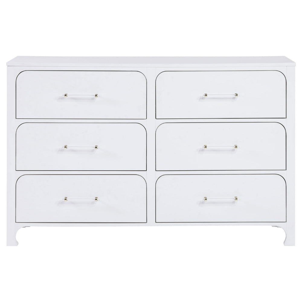 Asiy Dresser 6 Drawers Clear Bar Handles Silver and Pearl White Wood By Casagear Home BM318882