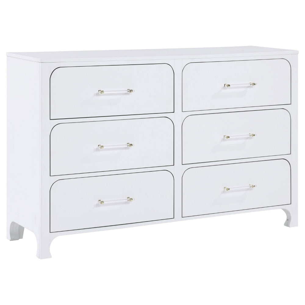 Asiy Dresser, 6 Drawers, Clear Bar Handles, Silver and Pearl White Wood By Casagear Home