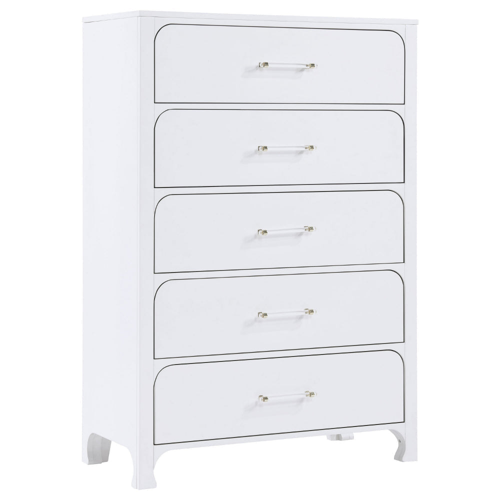 Asiy Tall Dresser Chest, 5 Drawers, Clear Bar Handles, Silver, Pearl White By Casagear Home