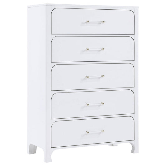 Asiy Tall Dresser Chest, 5 Drawers, Clear Bar Handles, Silver, Pearl White By Casagear Home