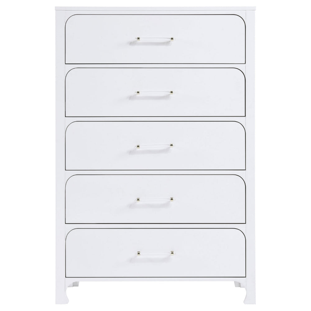 Asiy Tall Dresser Chest 5 Drawers Clear Bar Handles Silver Pearl White By Casagear Home BM318883