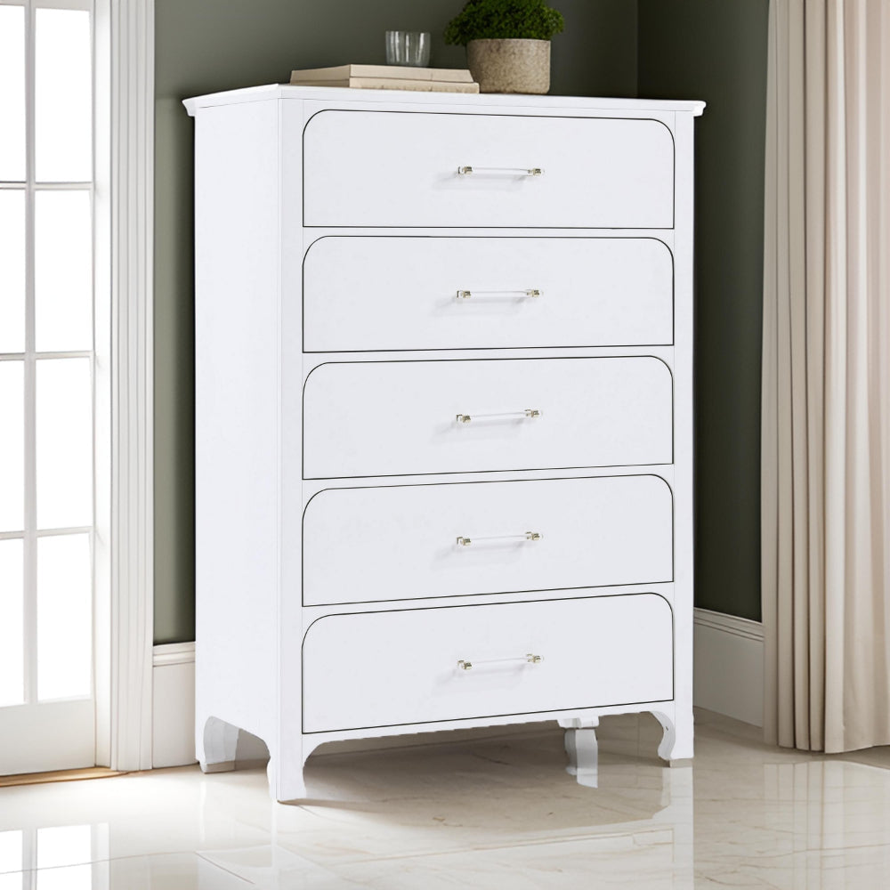 Asiy Tall Dresser Chest 5 Drawers Clear Bar Handles Silver Pearl White By Casagear Home BM318883