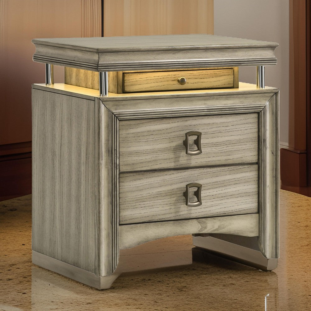 Sele Nightstand 3 Drawers LED Lighting Touch Switch Rustic Beige Wood By Casagear Home BM318884