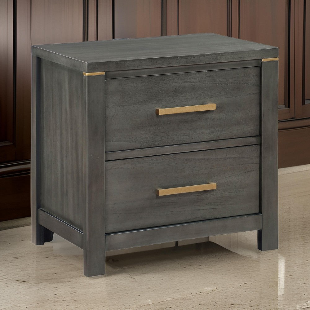 Ren Nightstand 2 Drawers Brass Tone Accents Bar Handles Dark Gray By Casagear Home BM318887