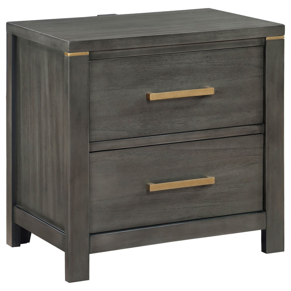 Ren Nightstand, 2 Drawers, Brass Tone Accents, Bar Handles, Dark Gray  By Casagear Home