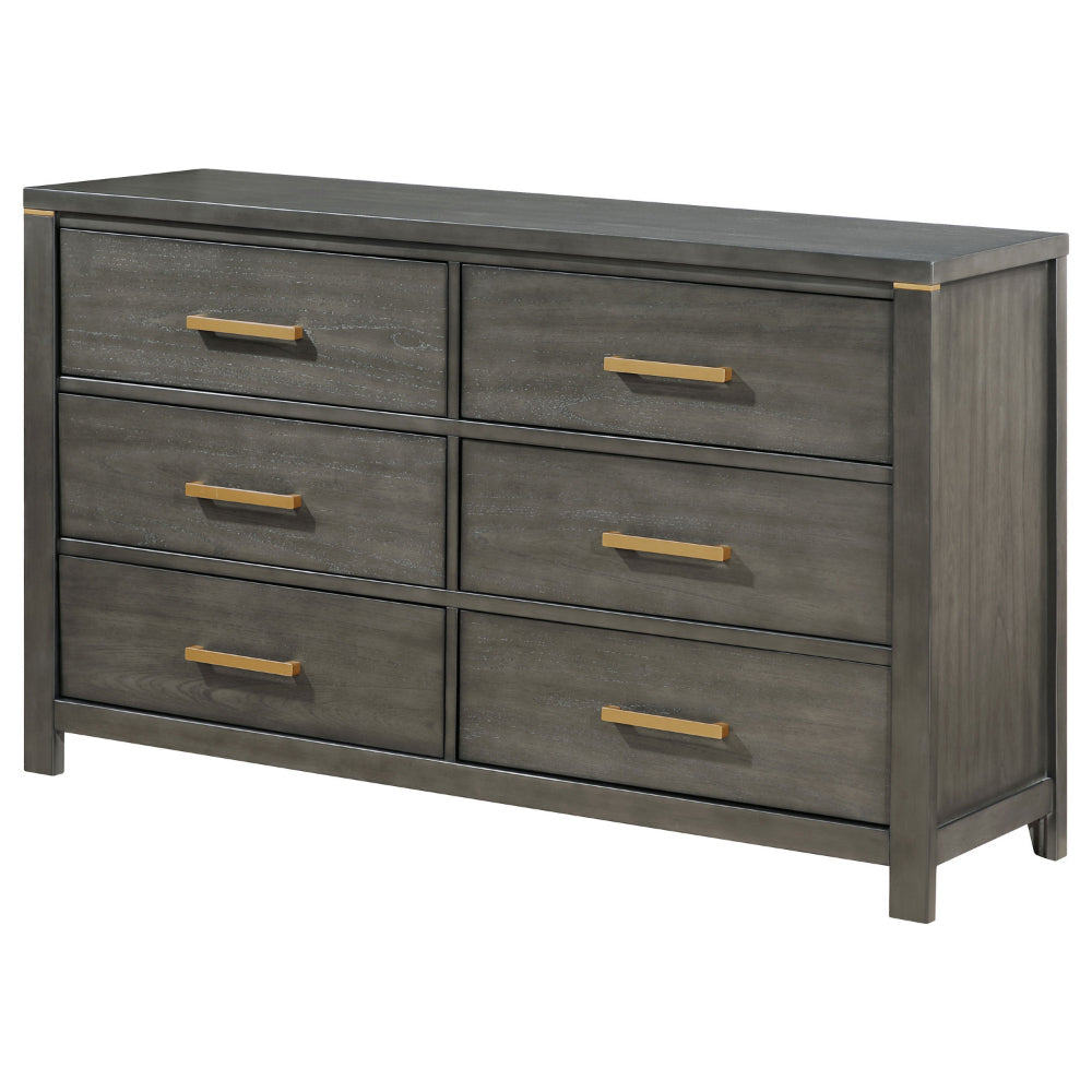 Ren Dresser 6 Drawers Brass Tone Accents Bar Handles Dark Gray Wood By Casagear Home BM318888