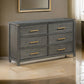 Ren Dresser, 6 Drawers, Brass Tone Accents, Bar Handles, Dark Gray Wood By Casagear Home