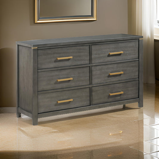 Ren Dresser, 6 Drawers, Brass Tone Accents, Bar Handles, Dark Gray Wood By Casagear Home