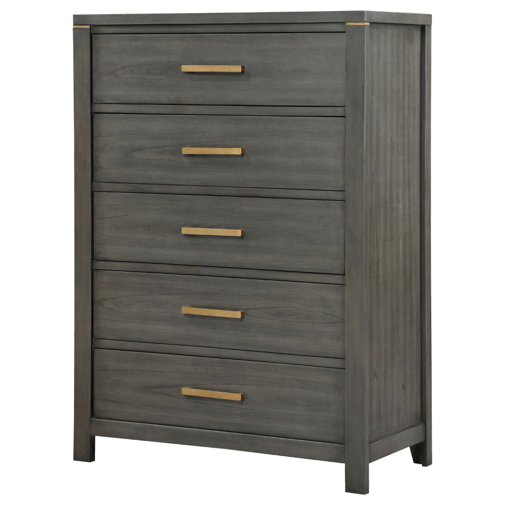 Ren Tall Dresser Chest 5 Drawers Brass Tone Accents Bar Handles Gray By Casagear Home BM318889