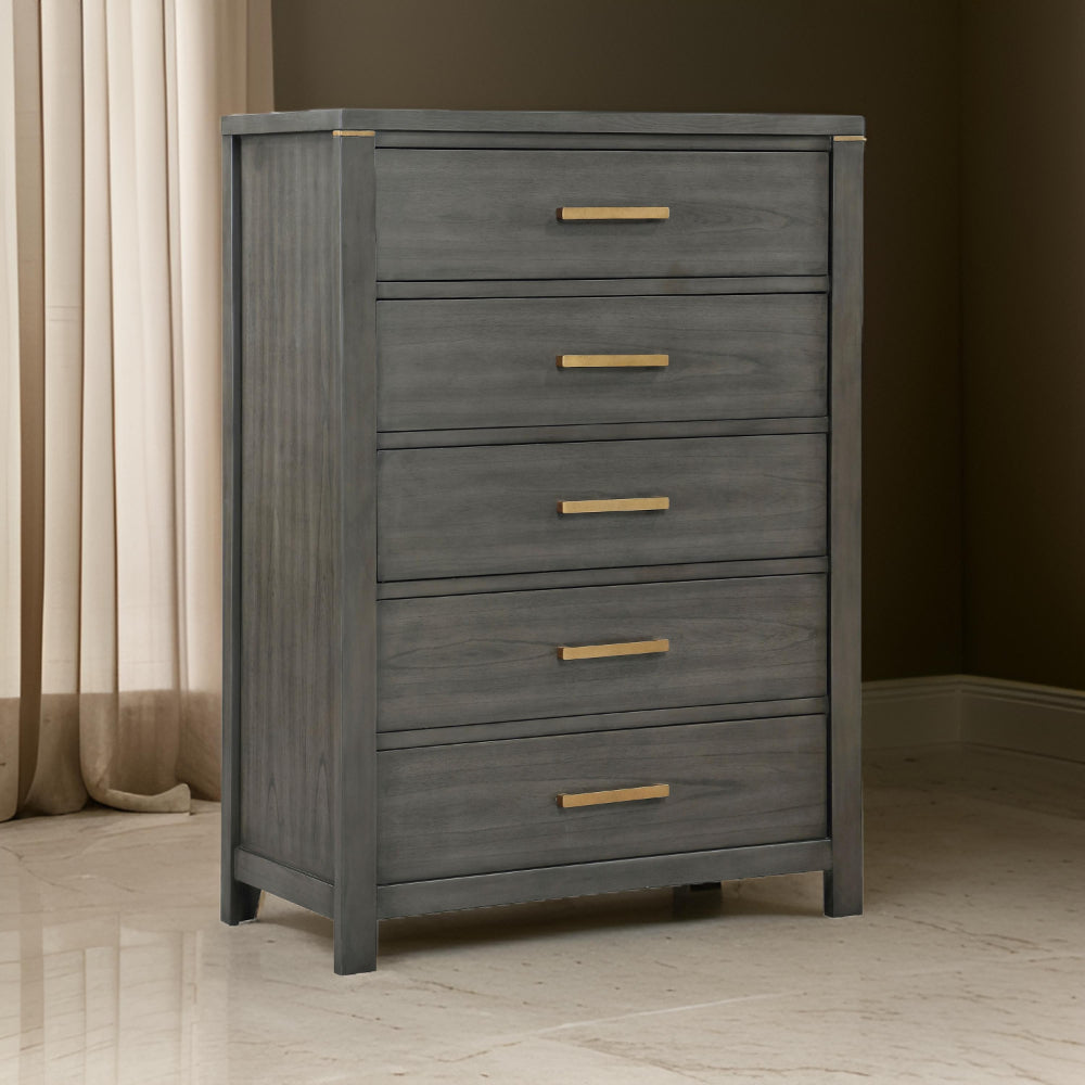 Ren Tall Dresser Chest 5 Drawers Brass Tone Accents Bar Handles Gray By Casagear Home BM318889