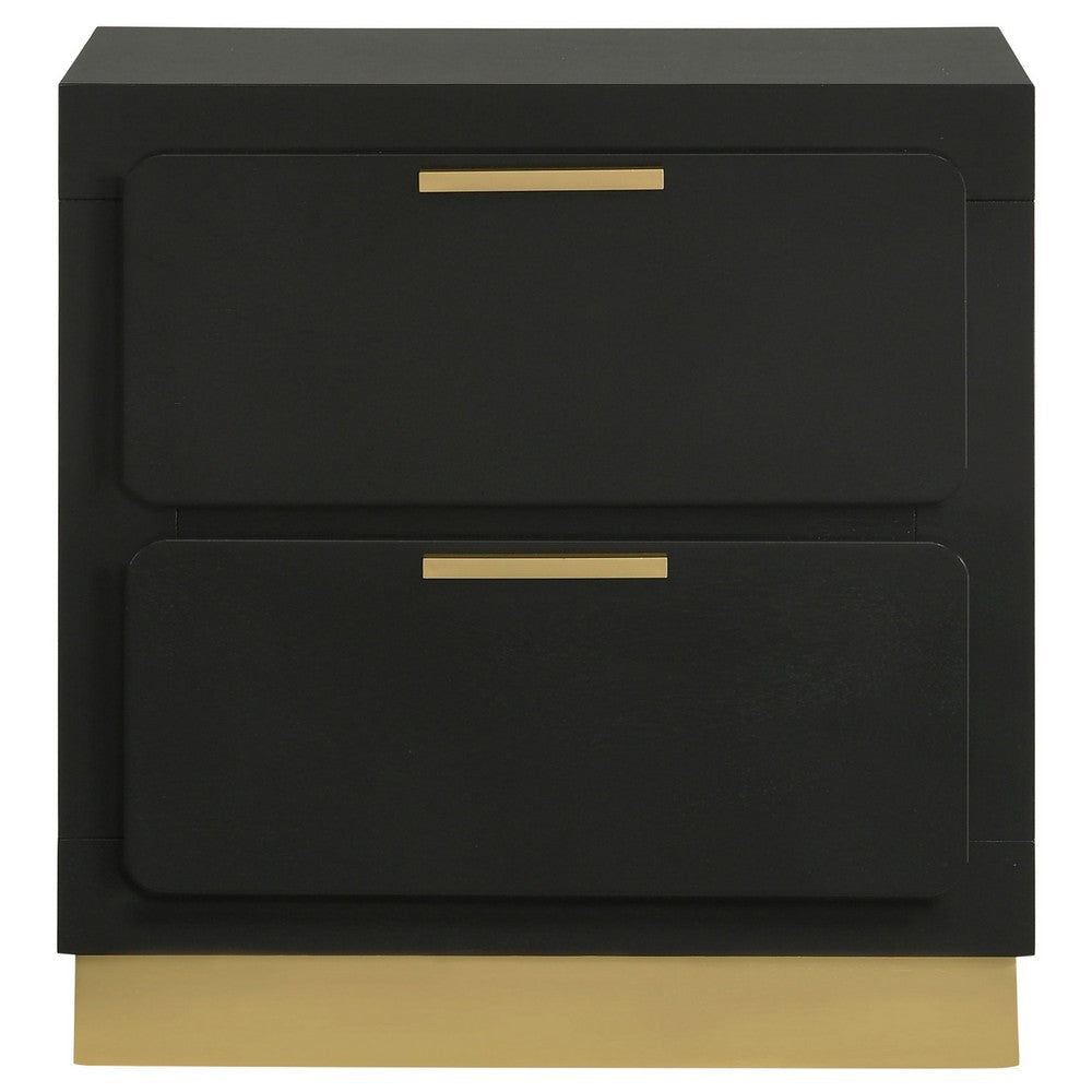 Caer Nightstand 2 Drawers Gold Accent Recessed Base Bar Handles Black By Casagear Home BM318890