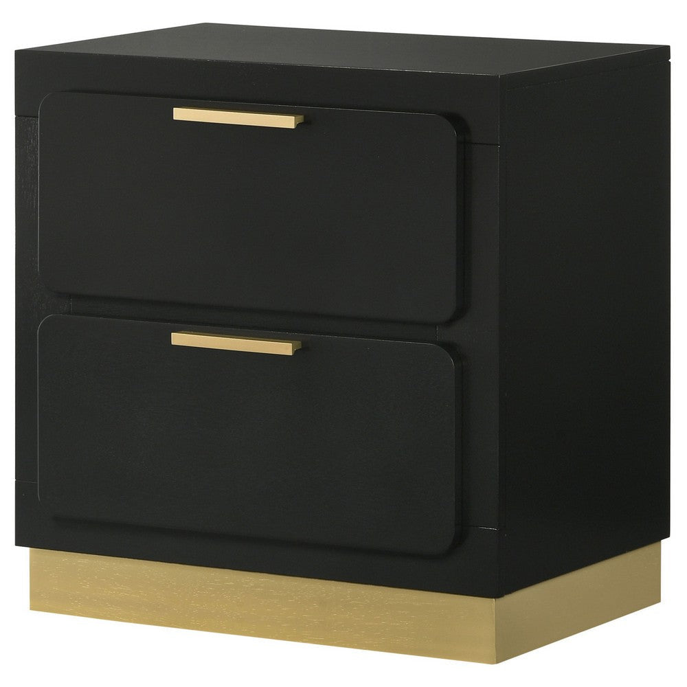 Caer Nightstand 2 Drawers Gold Accent Recessed Base Bar Handles Black By Casagear Home BM318890