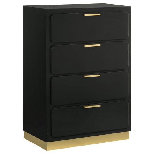 Caer Tall Dresser Chest, 4 Drawers, Recessed Base, Bar Handles, Black, Gold By Casagear Home