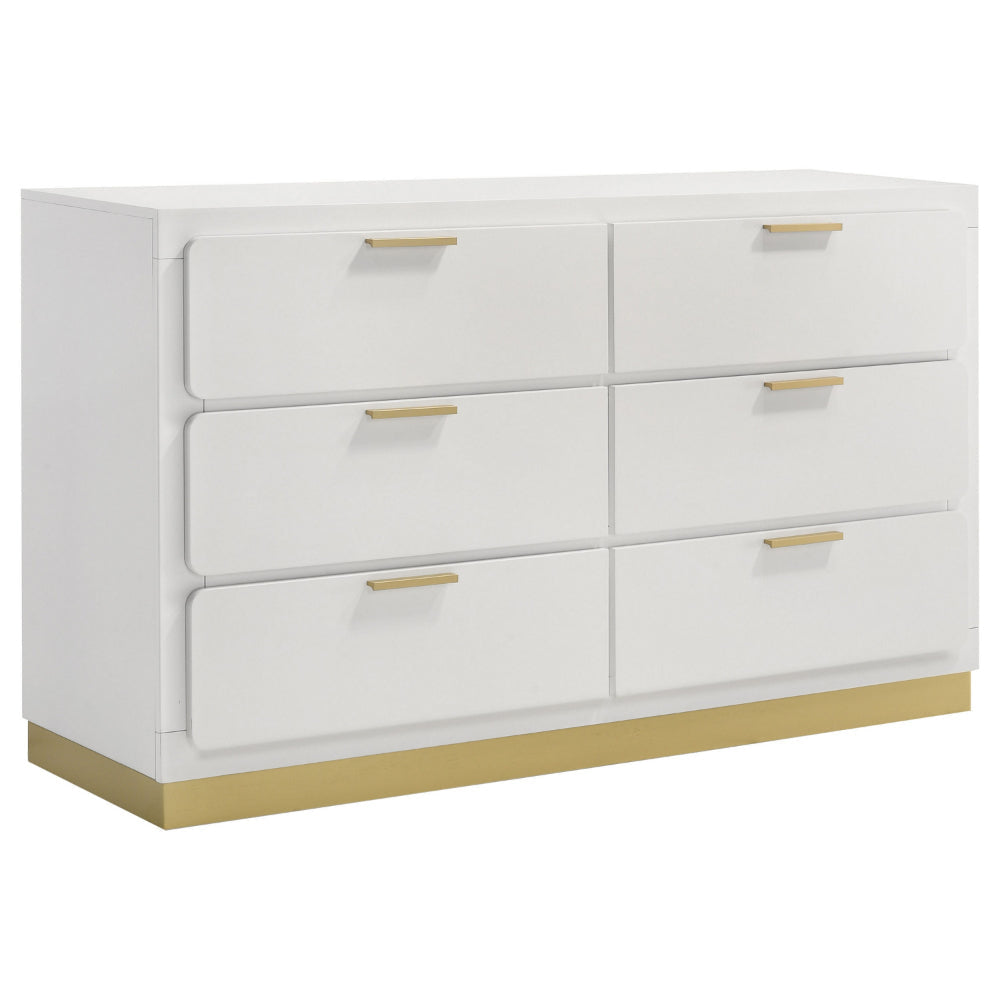 Caer Dresser, 6 Drawers, Gold Accent Recessed Base, Bar Handles, White By Casagear Home