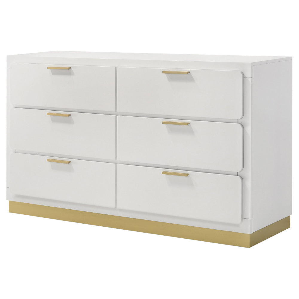 Caer Dresser 6 Drawers Gold Accent Recessed Base Bar Handles White By Casagear Home BM318894