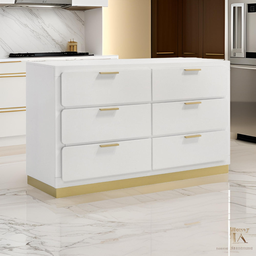 Caer Dresser 6 Drawers Gold Accent Recessed Base Bar Handles White By Casagear Home BM318894