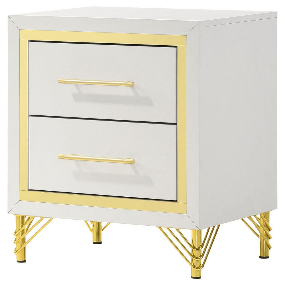 Jenny Nightstand 2 Drawers Hairpin Style Legs in Gold Bar Handles White By Casagear Home BM318896