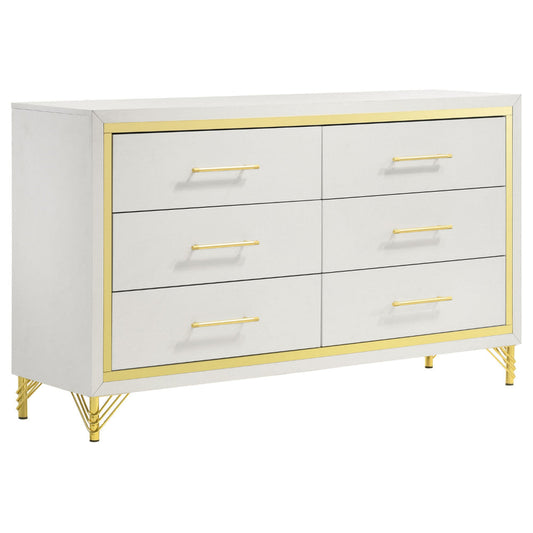 Jenny Dresser, 6 Drawers, Hairpin Style Legs in Gold, Bar Handles, White By Casagear Home