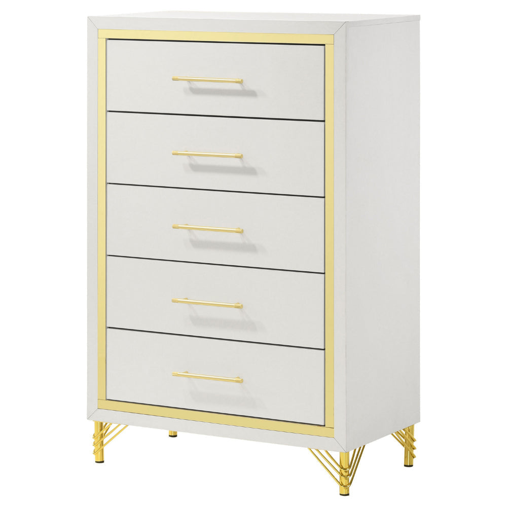 Jenny Tall Dresser Chest 5 Drawers Hairpin Legs Bar Handles White Gold By Casagear Home BM318898