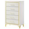 Jenny Tall Dresser Chest 5 Drawers Hairpin Legs Bar Handles White Gold By Casagear Home BM318898